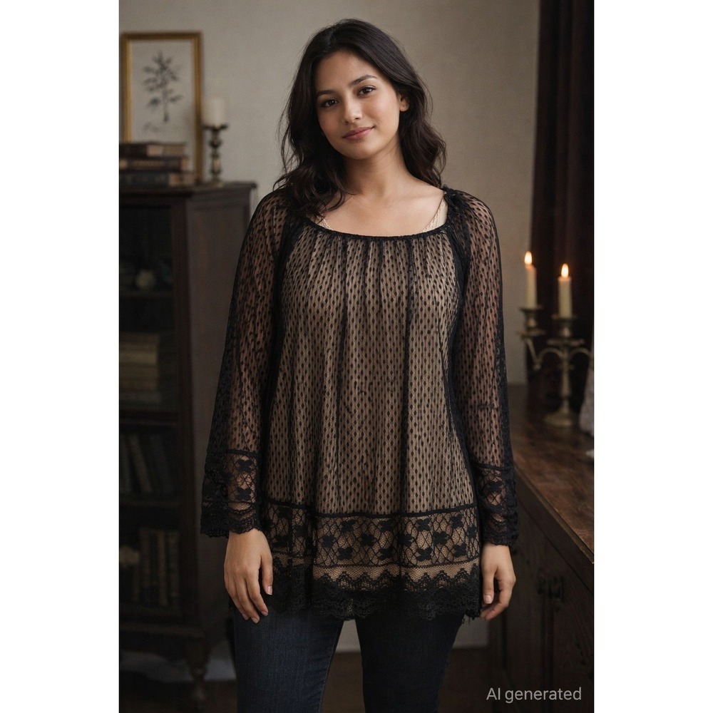 Womens Lace Top Medium Black Sheer Sleeve Whimsigoth Romantic Feminine Boho Goth